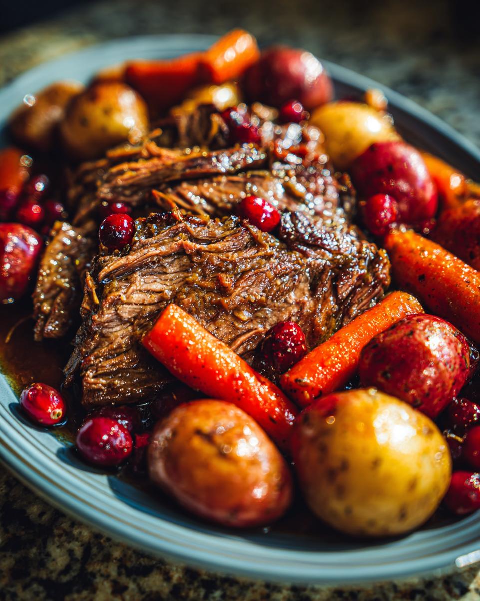 A close-up of a tender cranberry pot roast served with roasted carrots and potatoes, garnished with fresh cranberries.