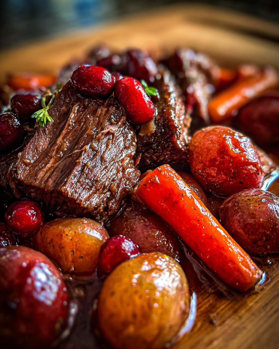 Close-up of a juicy cranberry pot roast served with tender carrots and potatoes, garnished with fresh cranberries and herbs.