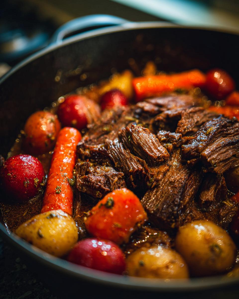Close-up of a Dutch oven filled with tender cranberry pot roast, carrots, and potatoes.