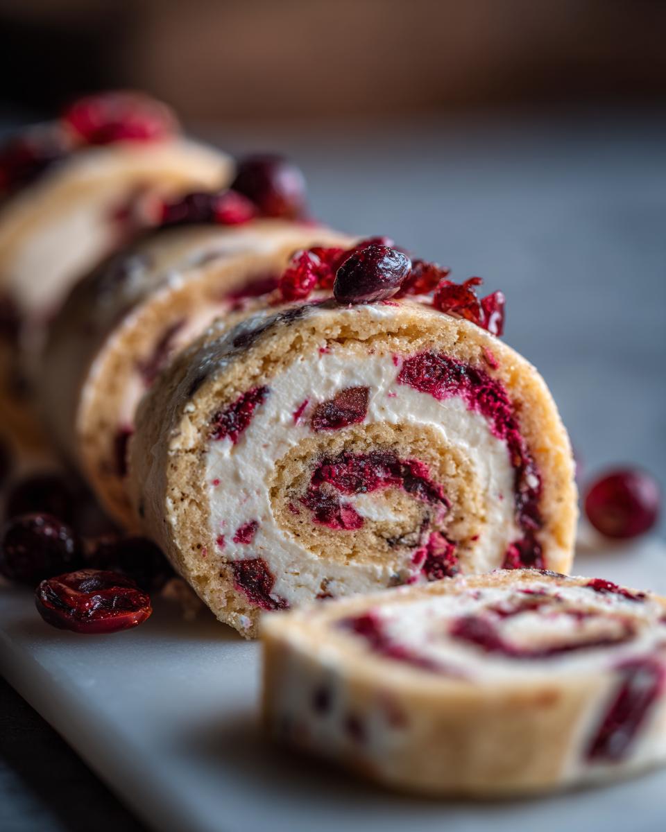 A close-up of sliced Cranberry Roll Ups, showing the creamy filling and tart cranberries.