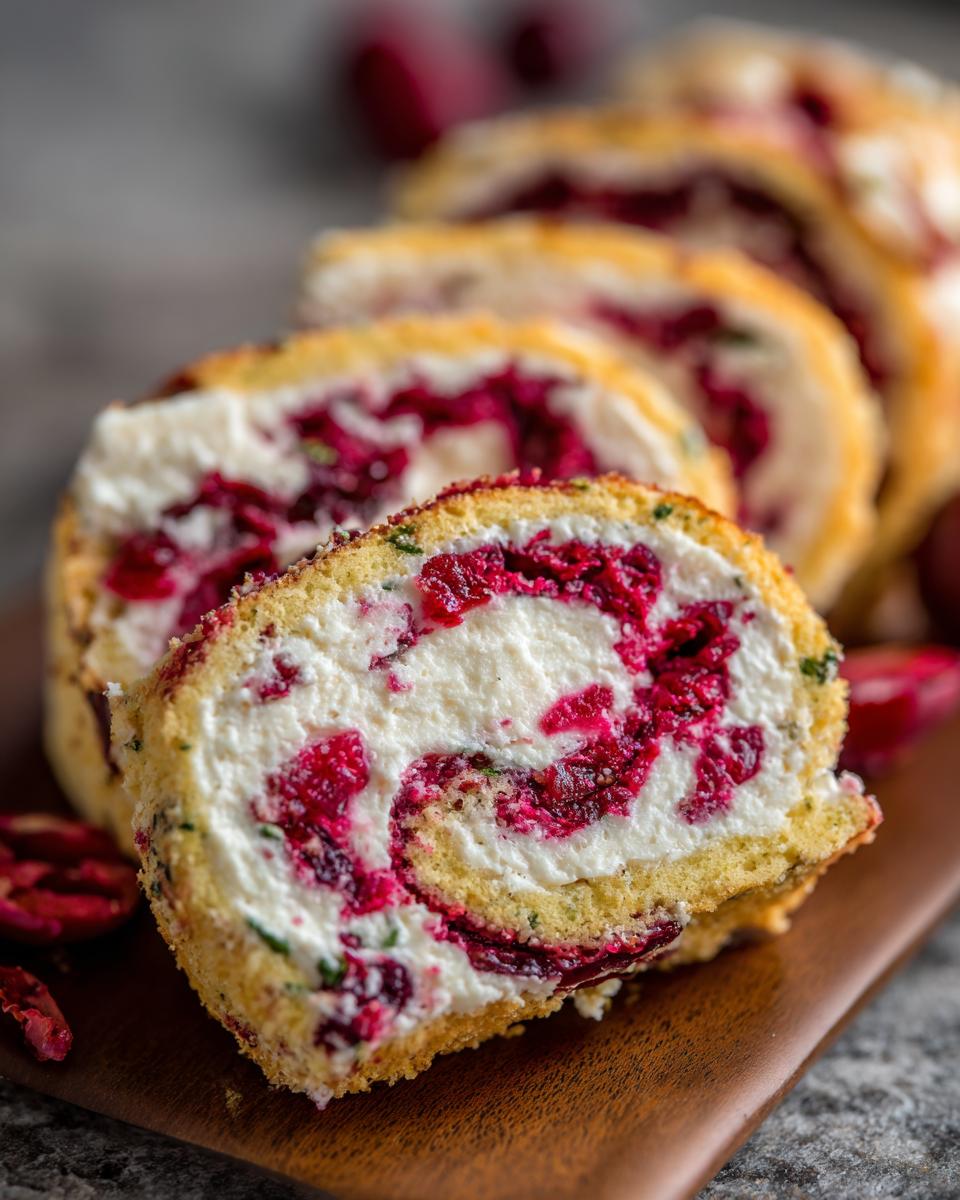Close-up of a slice of cranberry roll ups, showing the creamy filling and vibrant cranberry swirl.