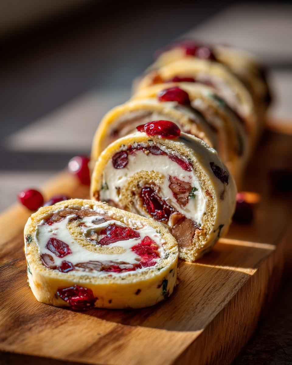 Close-up of a slice of cranberry roll ups with cream cheese, cranberries, and nuts.