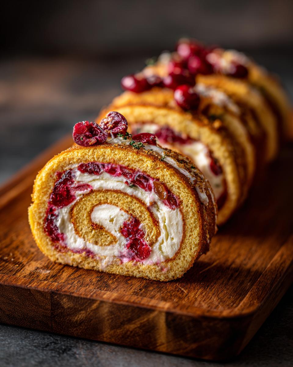 Close-up of sliced Cranberry Roll Ups with cream filling and fresh cranberries on top, served on a wooden board.
