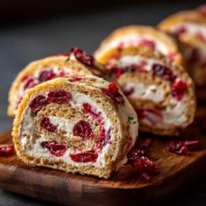 Close-up of sliced cranberry roll ups filled with cream cheese and dried cranberries on a wooden board.