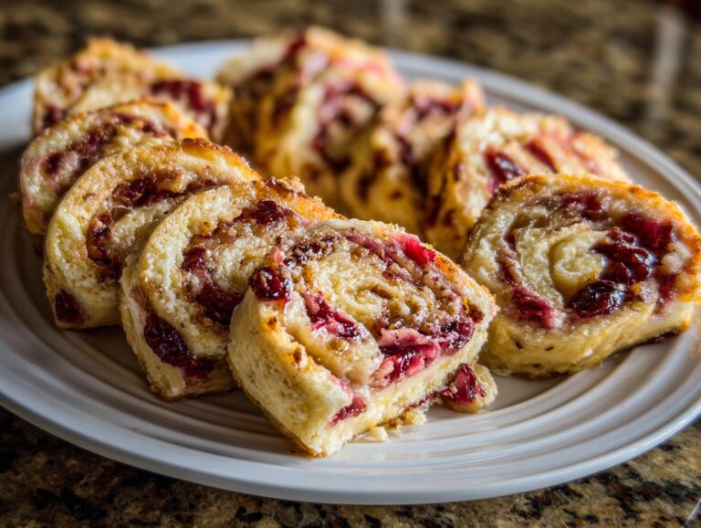 Close-up of several slices of homemade Cranberry Roll Ups on a white plate, showcasing the swirl of dough and cranberry filling.