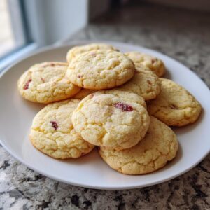 A pile of golden-brown cranberry sugar cookies, dusted with sugar, on a white plate.