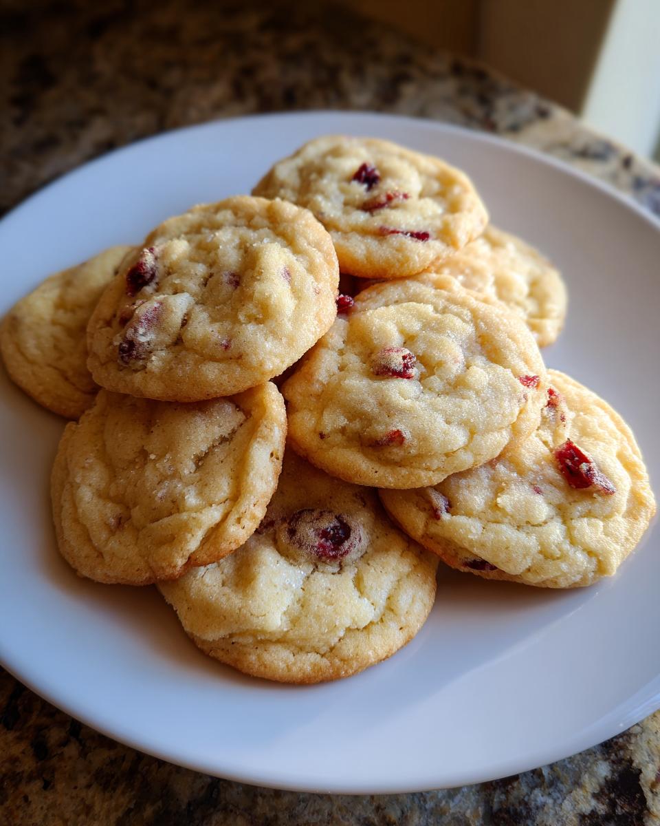 A pile of delicious cranberry sugar cookies with visible dried cranberries, served on a white plate.
