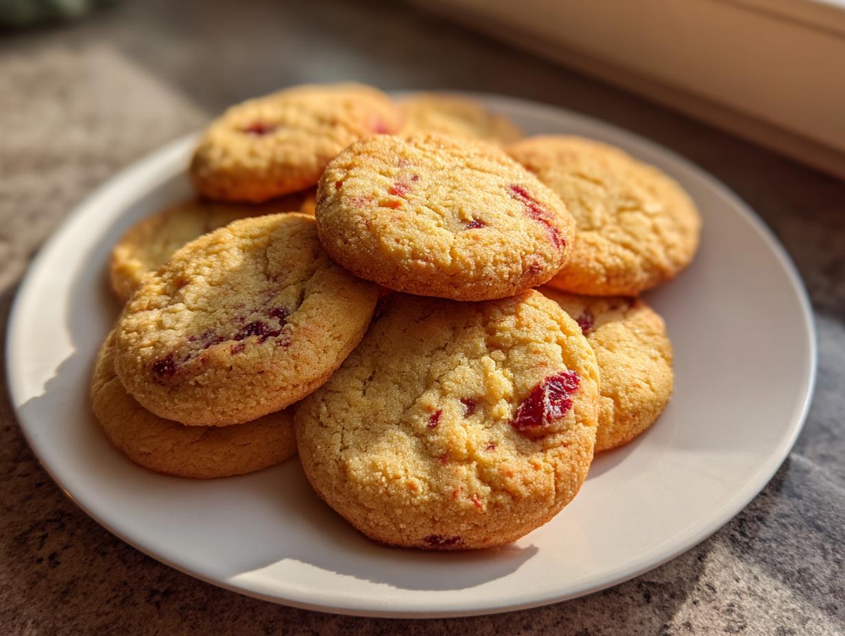 A stack of golden-brown cranberry sugar cookies with visible pieces of dried cranberries on a white plate.