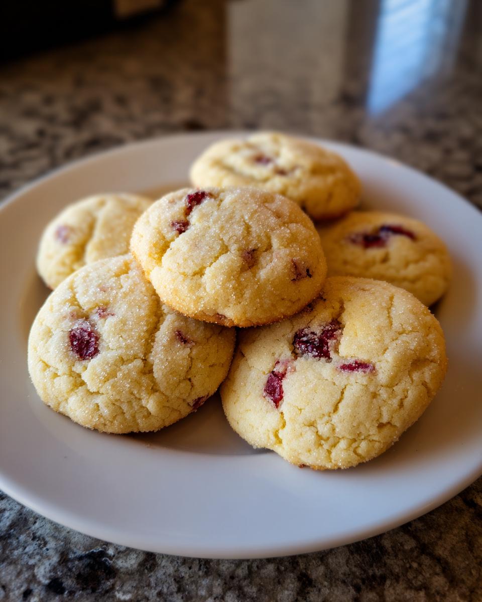 A pile of delicious Cranberry Sugar Cookies, sprinkled with sugar and studded with red cranberries, on a white plate.
