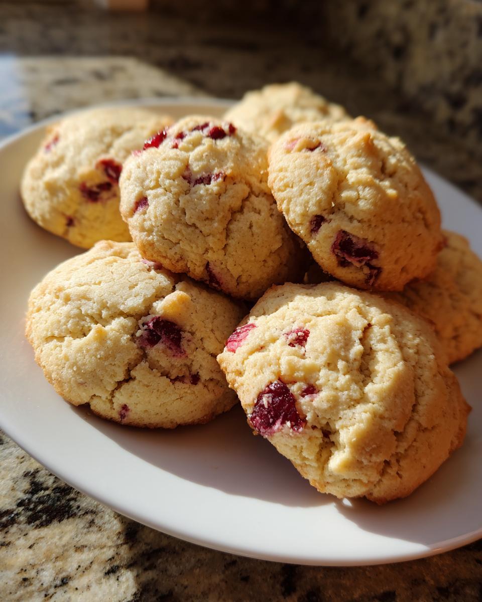 A pile of delicious Cranberry Sugar Cookies on a white plate, with visible chunks of cranberry.