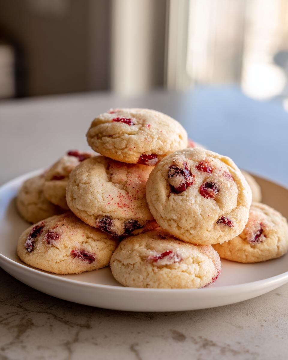 A close-up stack of delicious Cranberry Sugar Cookies, dusted with sugar and speckled with red cranberries.