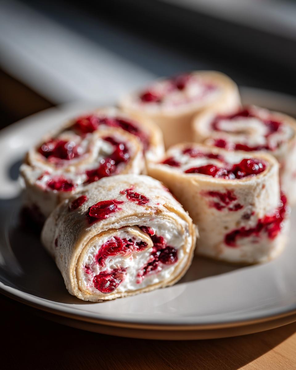 Close-up of delicious cranberry tortilla roll ups filled with cream cheese and cranberry sauce.