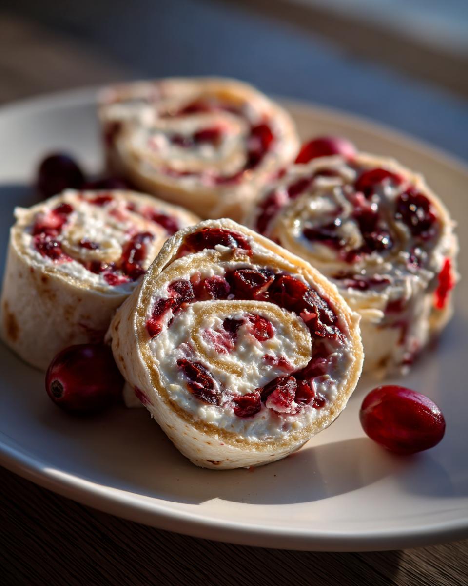 Close-up of four cranberry tortilla roll ups on a white plate, with fresh cranberries scattered around.