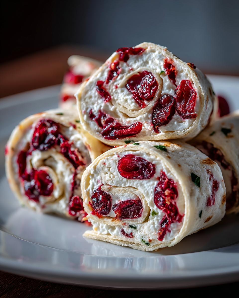 Close-up of delicious cranberry tortilla roll ups filled with cream cheese and cranberries.