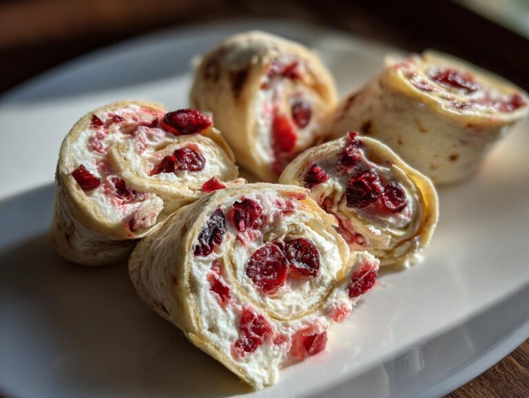 Close-up of delicious cranberry tortilla roll ups filled with cream cheese and dried cranberries.