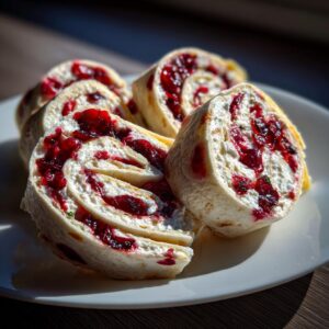 Close-up of delicious cranberry tortilla roll ups filled with cream cheese and cranberries, sliced and arranged on a white plate.