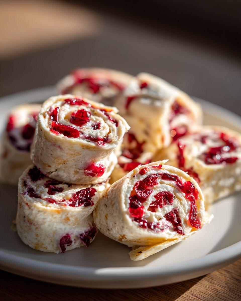 Close-up of delicious cranberry tortilla roll ups filled with cream cheese and dried cranberries.