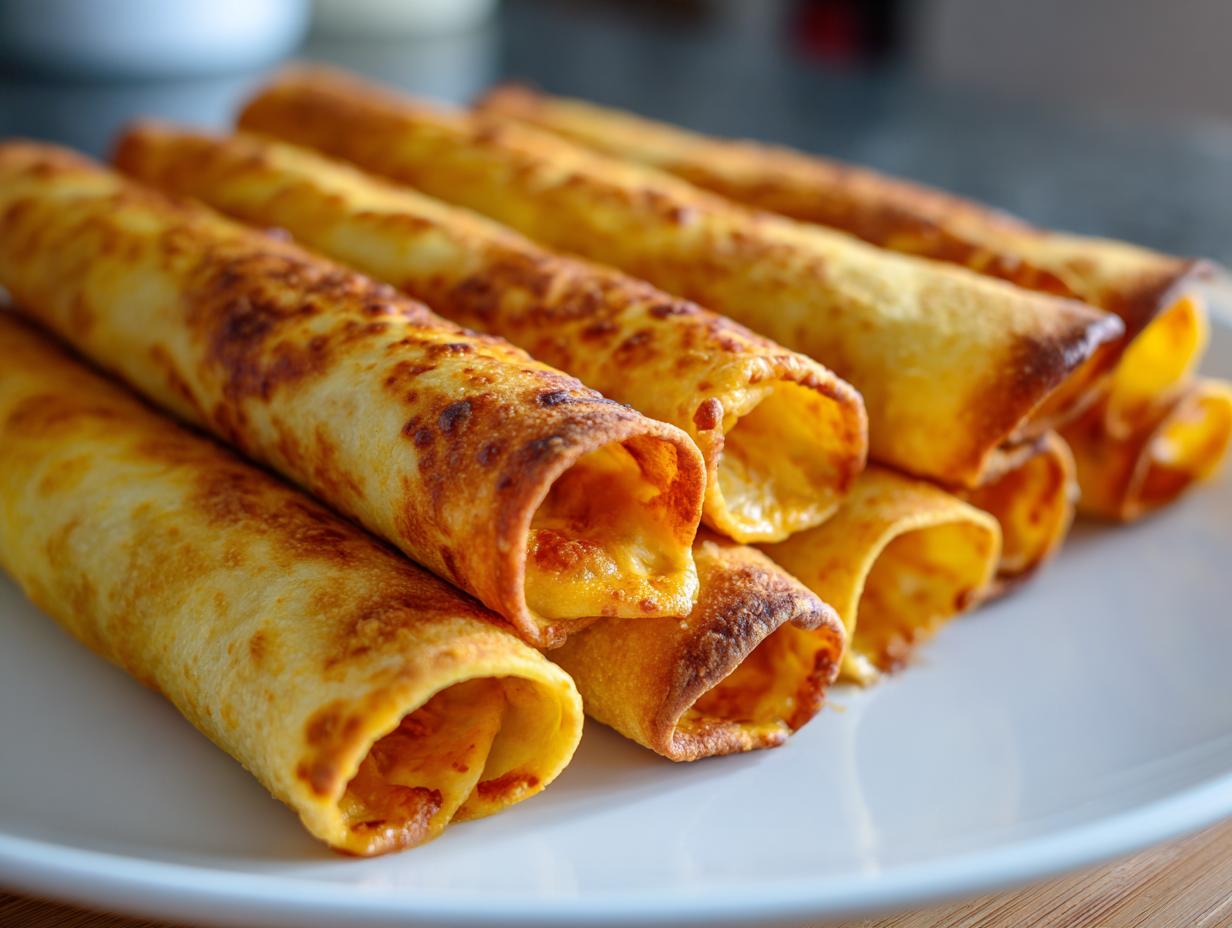 A close-up shot of golden-brown cream cheese chicken taquitos stacked on a white plate.