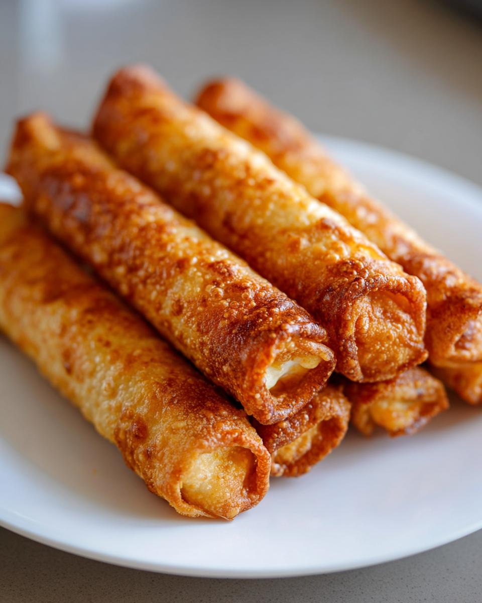 Close-up of crispy, golden-brown cream cheese chicken taquitos stacked on a white plate.