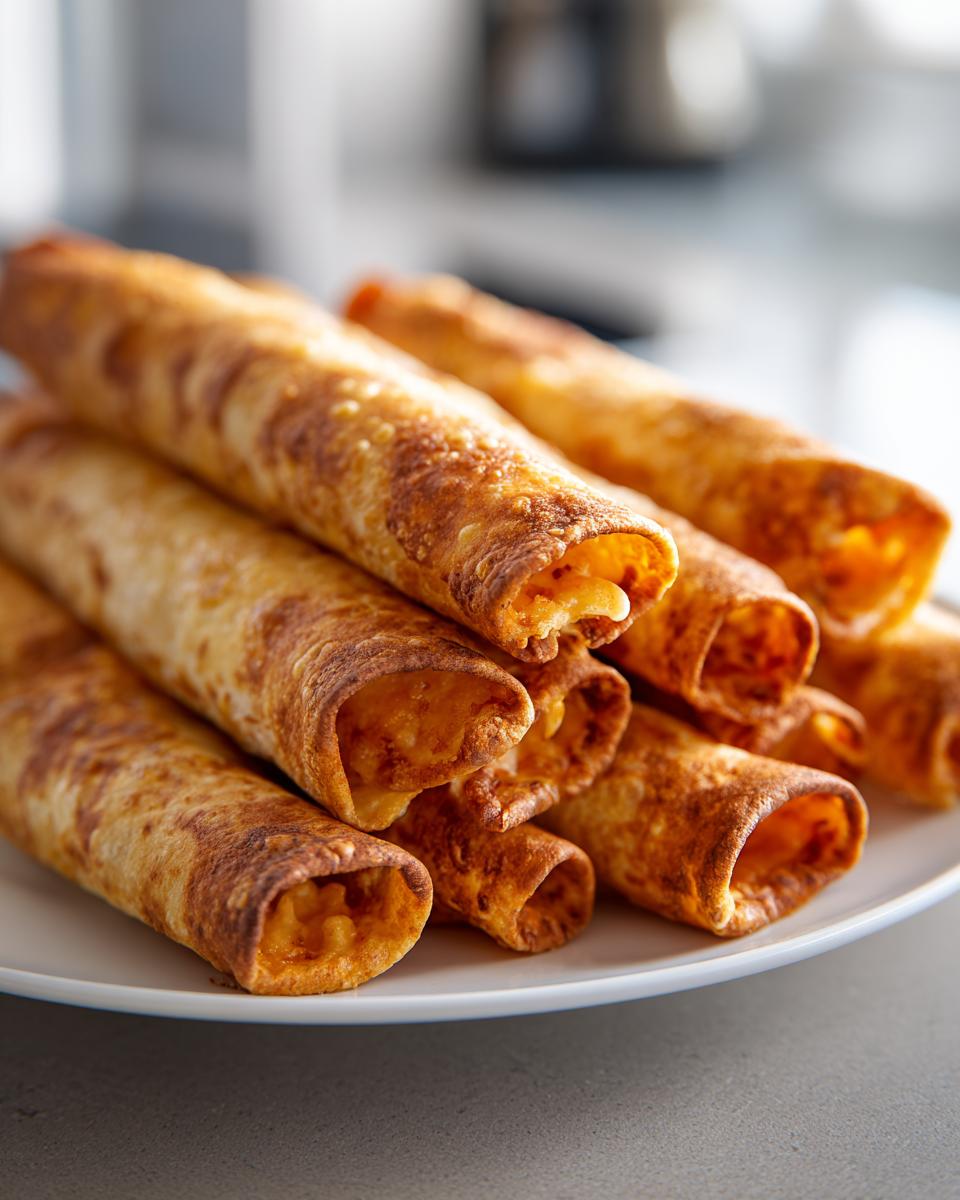 A close-up shot of a stack of golden-brown cream cheese chicken taquitos on a white plate.