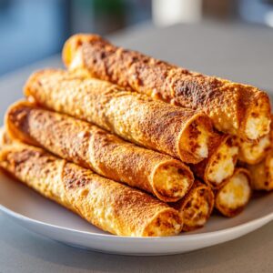 A close-up shot of a stack of golden brown cream cheese chicken taquitos on a white plate.