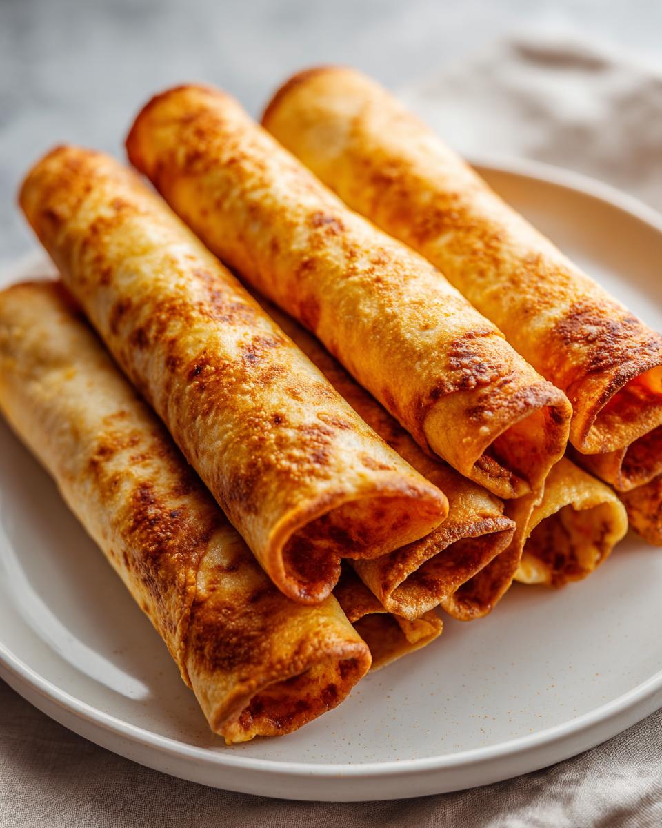 A stack of golden brown cream cheese chicken taquitos on a white plate, ready to be enjoyed.