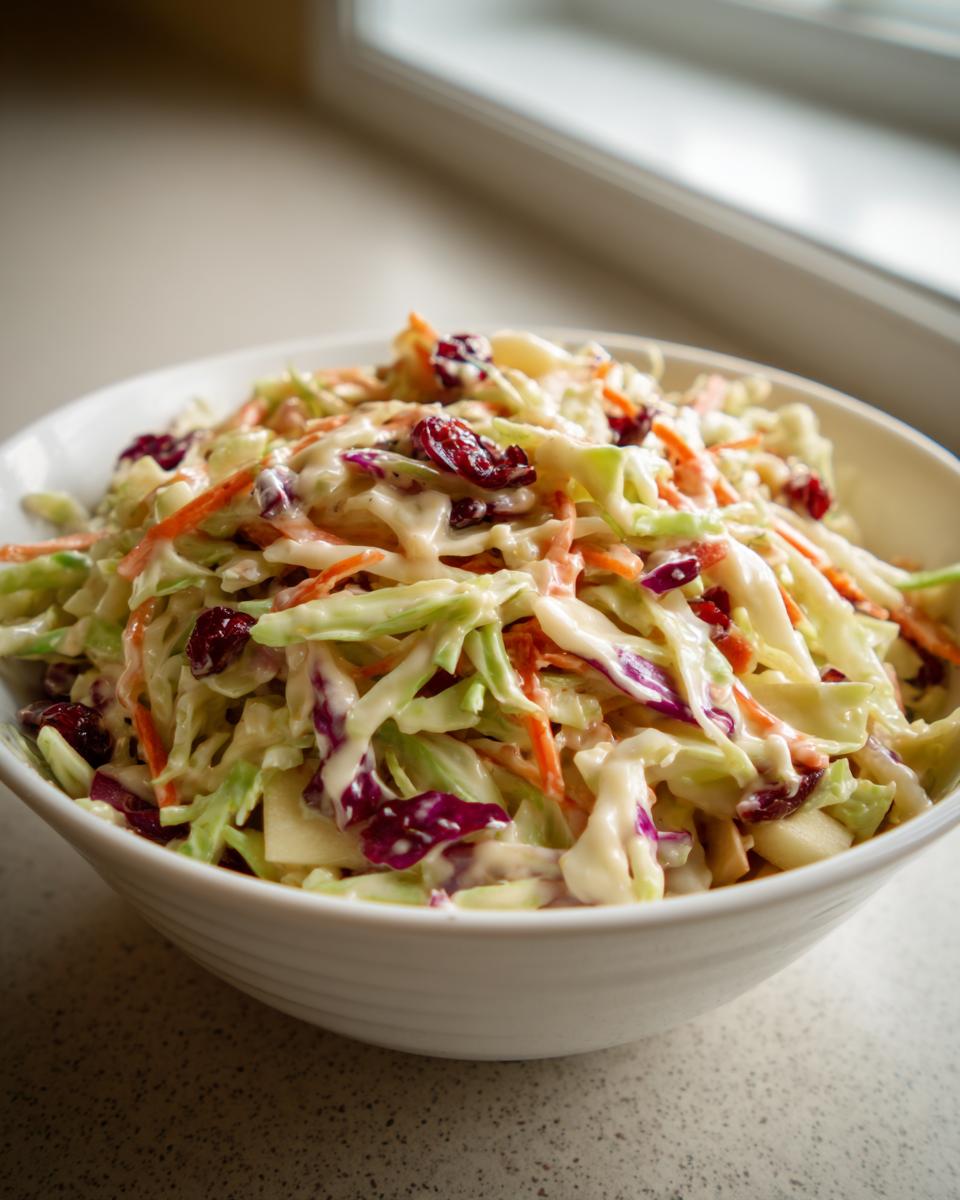A close-up of creamy apple cranberry coleslaw with shredded cabbage, carrots, and dried cranberries in a white bowl.