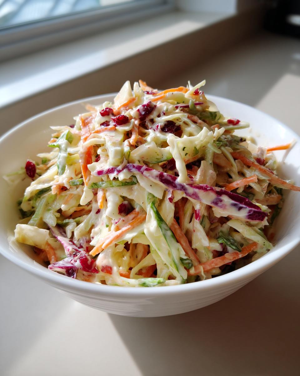 Close-up of creamy apple cranberry coleslaw featuring shredded cabbage, carrots, and dried cranberries in a white bowl.