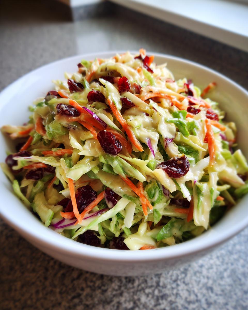 Close-up of a white bowl filled with creamy apple cranberry coleslaw, featuring shredded cabbage, carrots, and dark red dried cranberries.