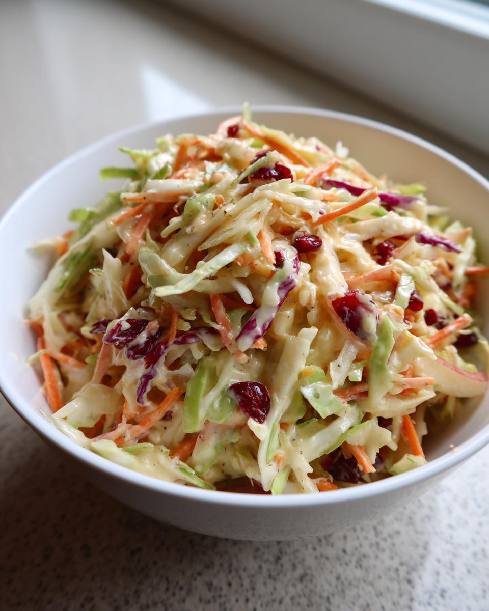 A close-up of a white bowl filled with creamy apple cranberry coleslaw, featuring shredded cabbage, carrots, and dried cranberries.