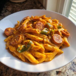 A close-up of creamy cajun sausage pasta with penne, sliced sausage, and green peppers in a white bowl.