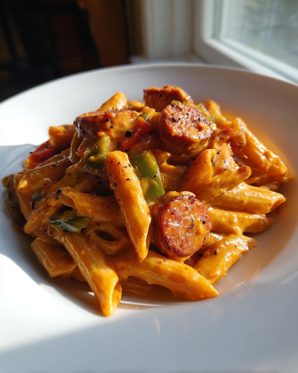 Close-up of creamy cajun sausage pasta with penne, sliced sausage, and green peppers in a white bowl.