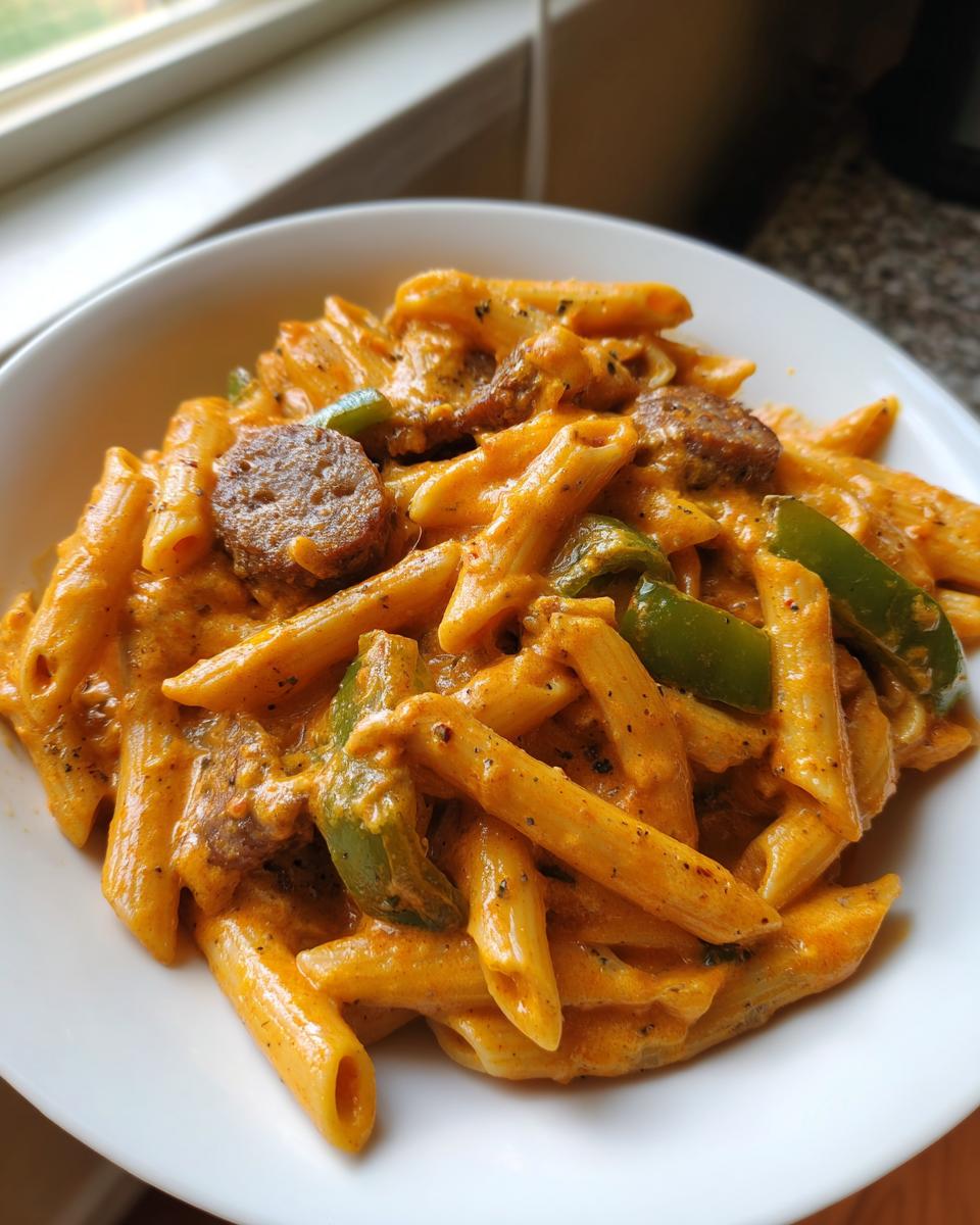 Close-up of creamy cajun sausage pasta featuring penne, sliced sausage, and green bell peppers in a white bowl.