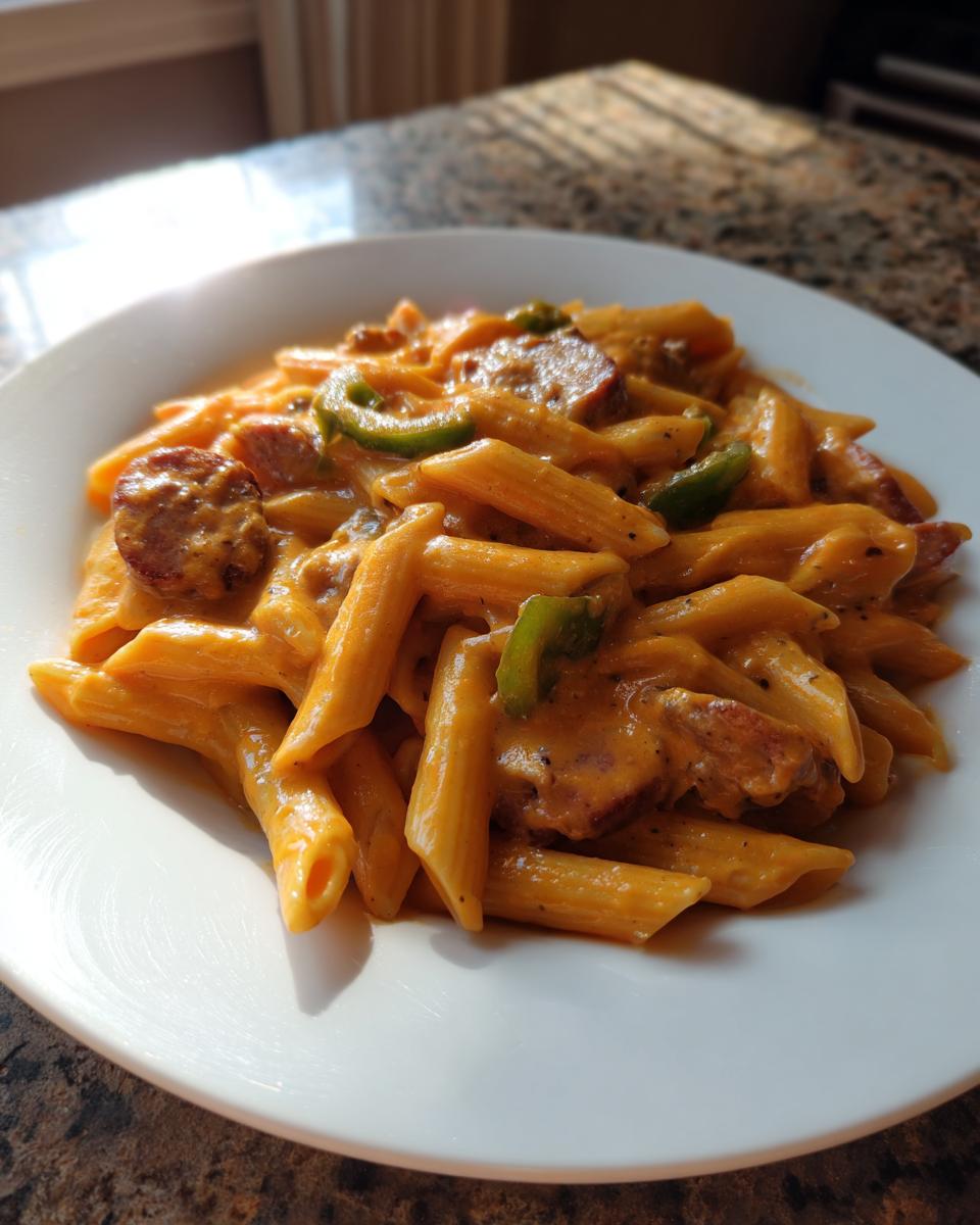 A serving of creamy cajun sausage pasta with penne and green peppers on a white plate.
