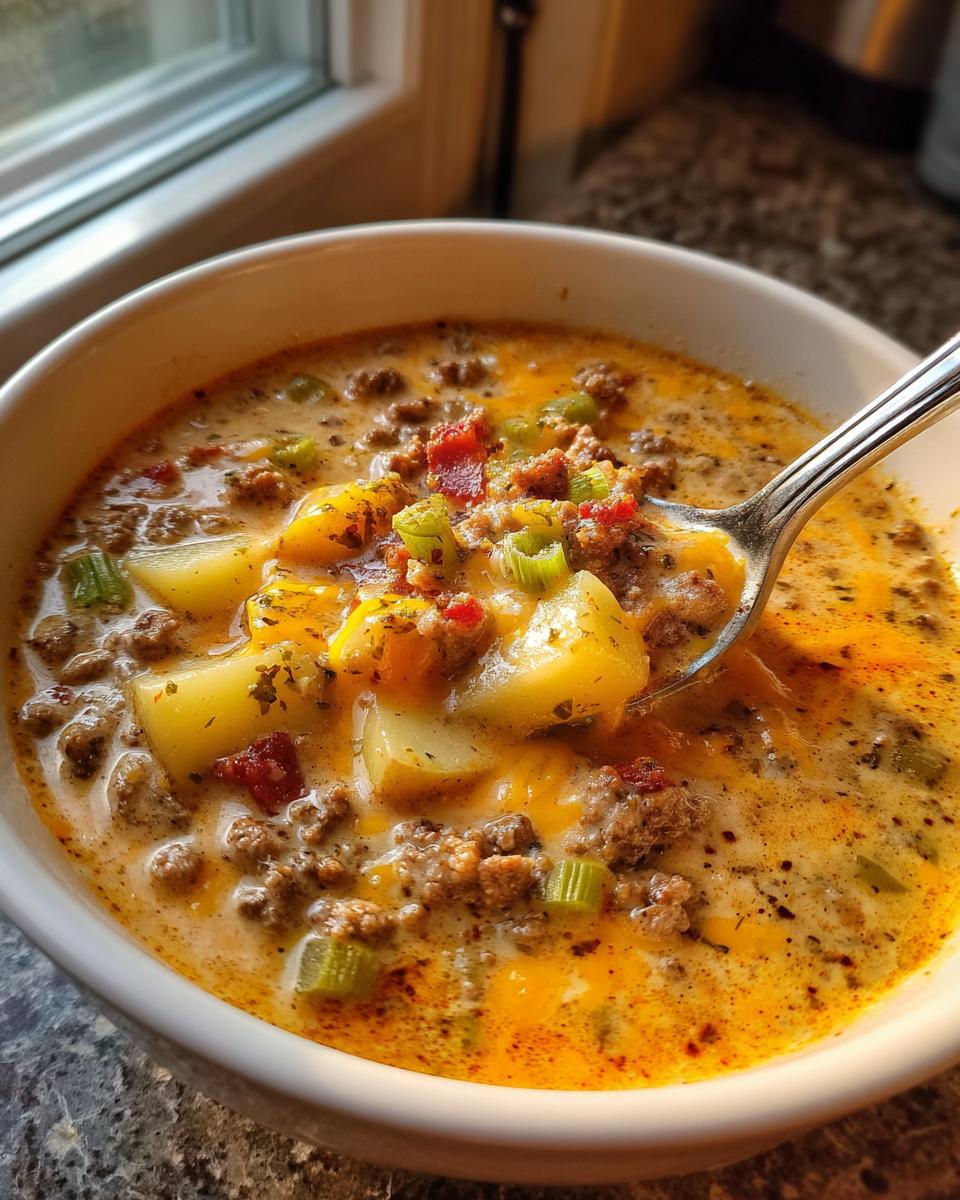 Close-up of a bowl of creamy cheeseburger soup recipe, loaded with ground beef, potatoes, and melted cheese.