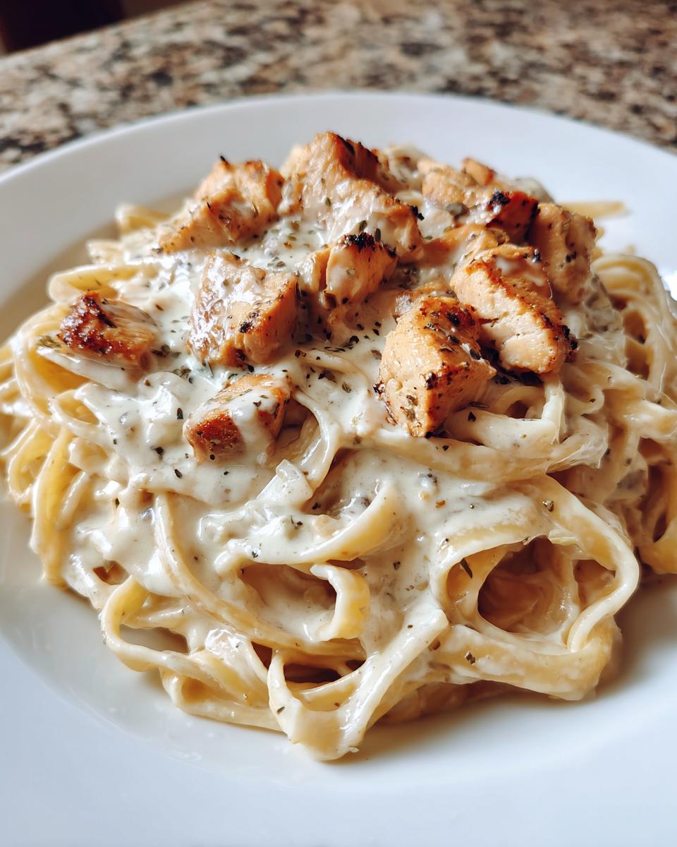 A close-up shot of a serving of rich chicken alfredo pasta featuring fettuccine noodles coated in creamy white sauce and topped with seasoned, diced chicken.