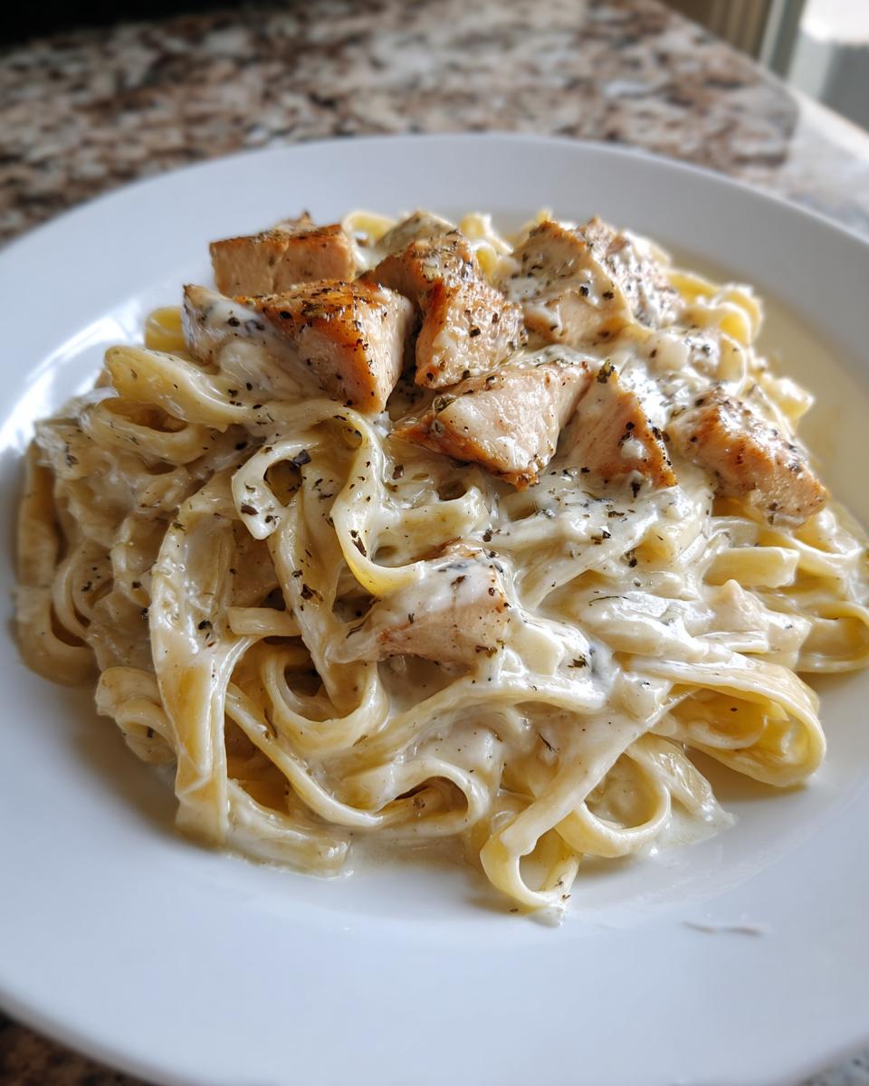 Close-up of a serving of chicken alfredo featuring fettuccine pasta coated in creamy white sauce and topped with seasoned chicken pieces.
