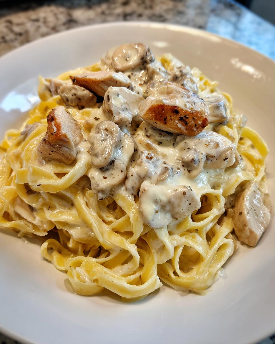 Close-up of a bowl of chicken alfredo featuring fettuccine pasta, creamy sauce, and seasoned chicken pieces.