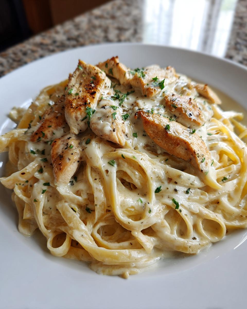 A close-up of creamy fettuccine pasta topped with grilled chicken pieces for chicken alfredo.