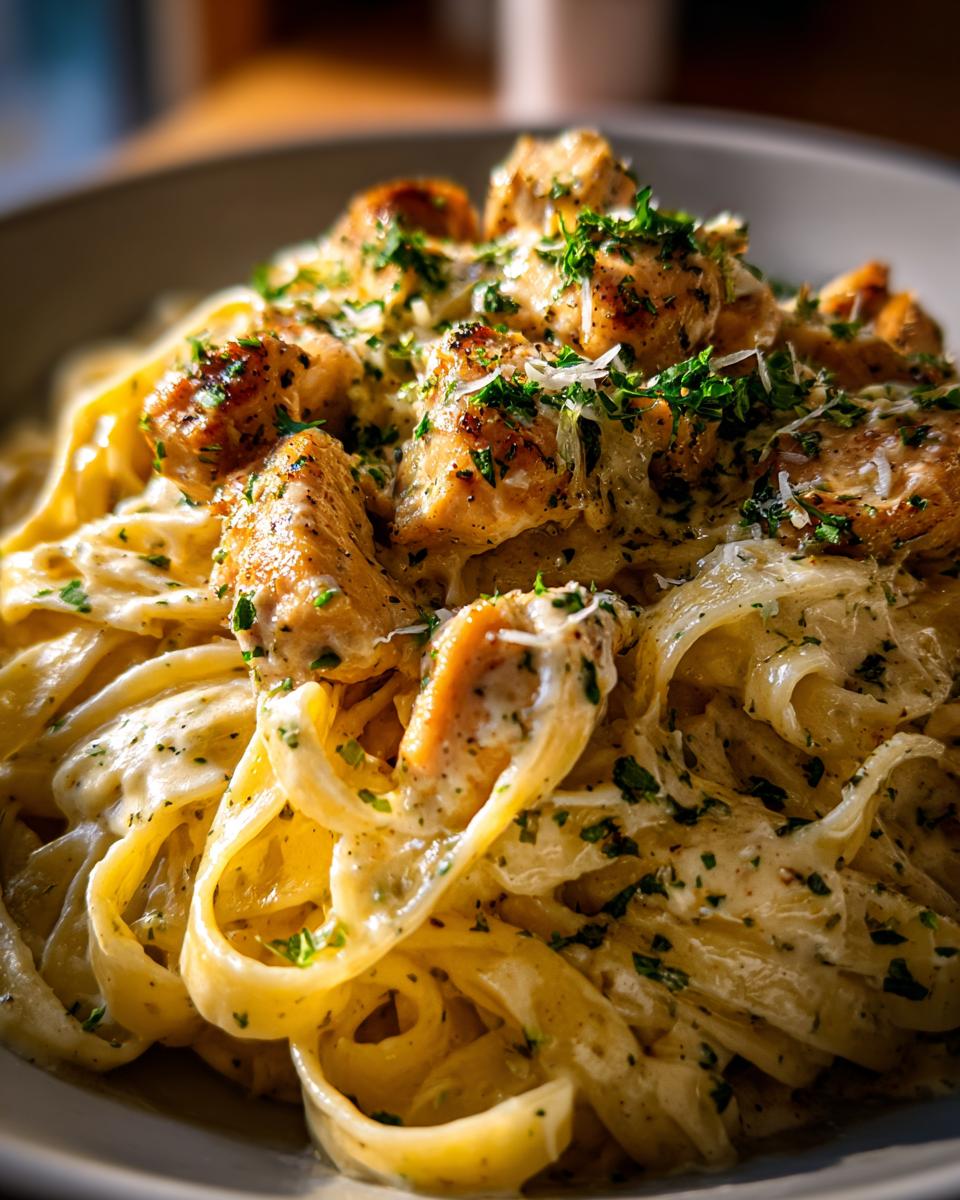 Close-up of fettuccine pasta tossed in a creamy garlic parmesan sauce with chunks of seasoned chicken and parsley.