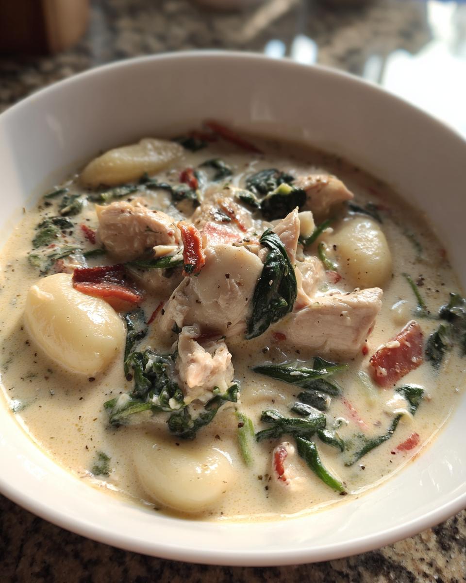 Close-up of a bowl of creamy gnocchi soup featuring chicken chunks, spinach, and sun-dried tomatoes.