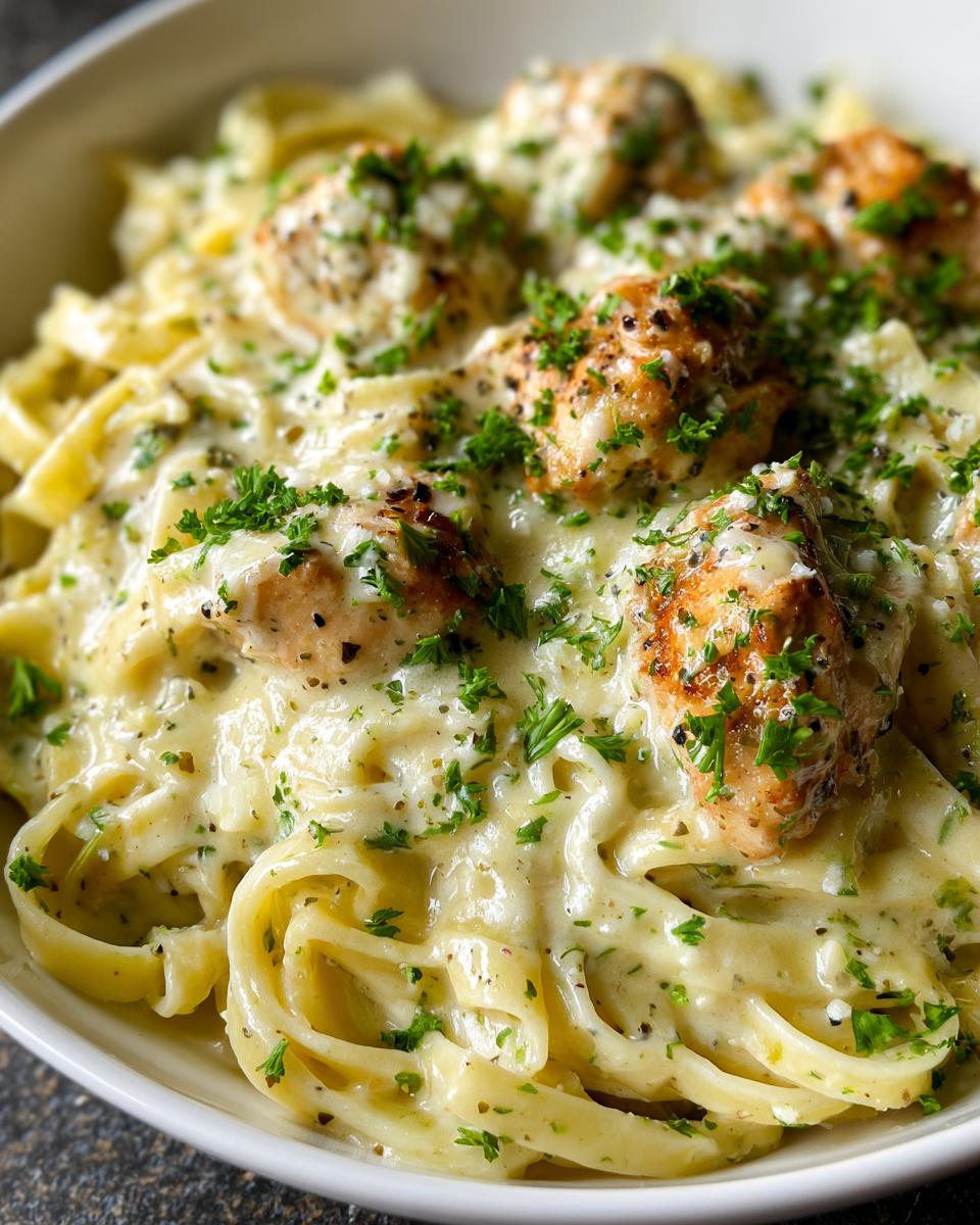 Close-up of fettuccine pasta coated in creamy garlic parmesan sauce with pieces of seasoned chicken and fresh parsley.