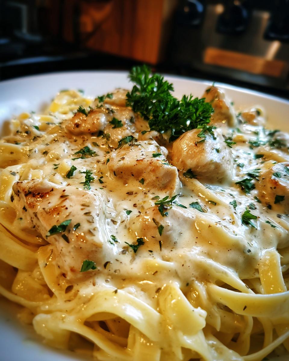 Close-up of creamy garlic parmesan pasta topped with seasoned chicken pieces and fresh parsley garnish.