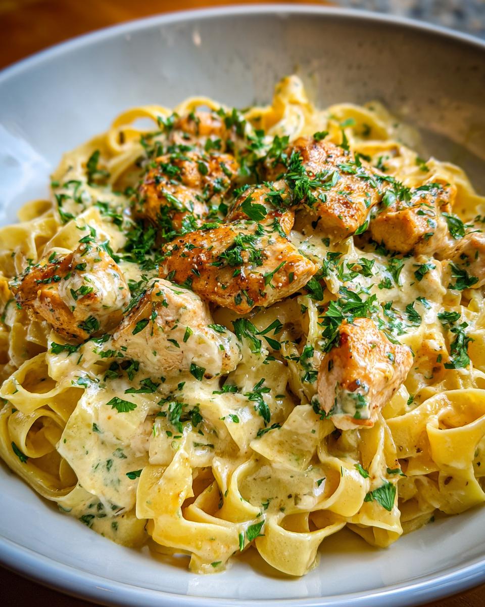 Close-up of fettuccine pasta tossed in a creamy garlic parmesan sauce with chunks of seasoned chicken and fresh parsley.