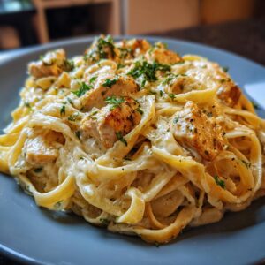 Close-up of creamy fettuccine pasta topped with seared chicken chunks and fresh parsley, featuring rich garlic parmesan sauce.