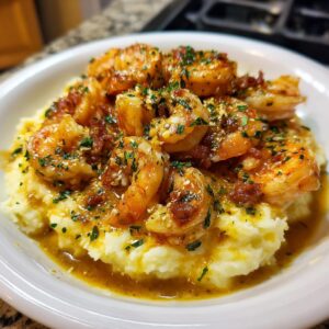 A close-up of creamy garlic shrimp served over fluffy mashed potatoes, garnished with parsley.