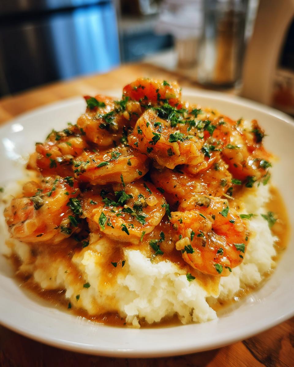 A serving of creamy garlic shrimp piled high over fluffy mashed potatoes, garnished with fresh parsley.