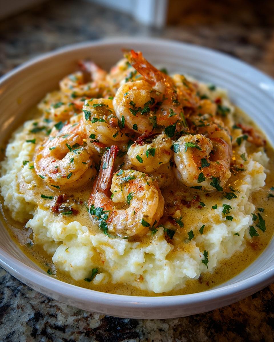 A bowl of creamy garlic shrimp served over fluffy mashed potatoes, garnished with parsley.