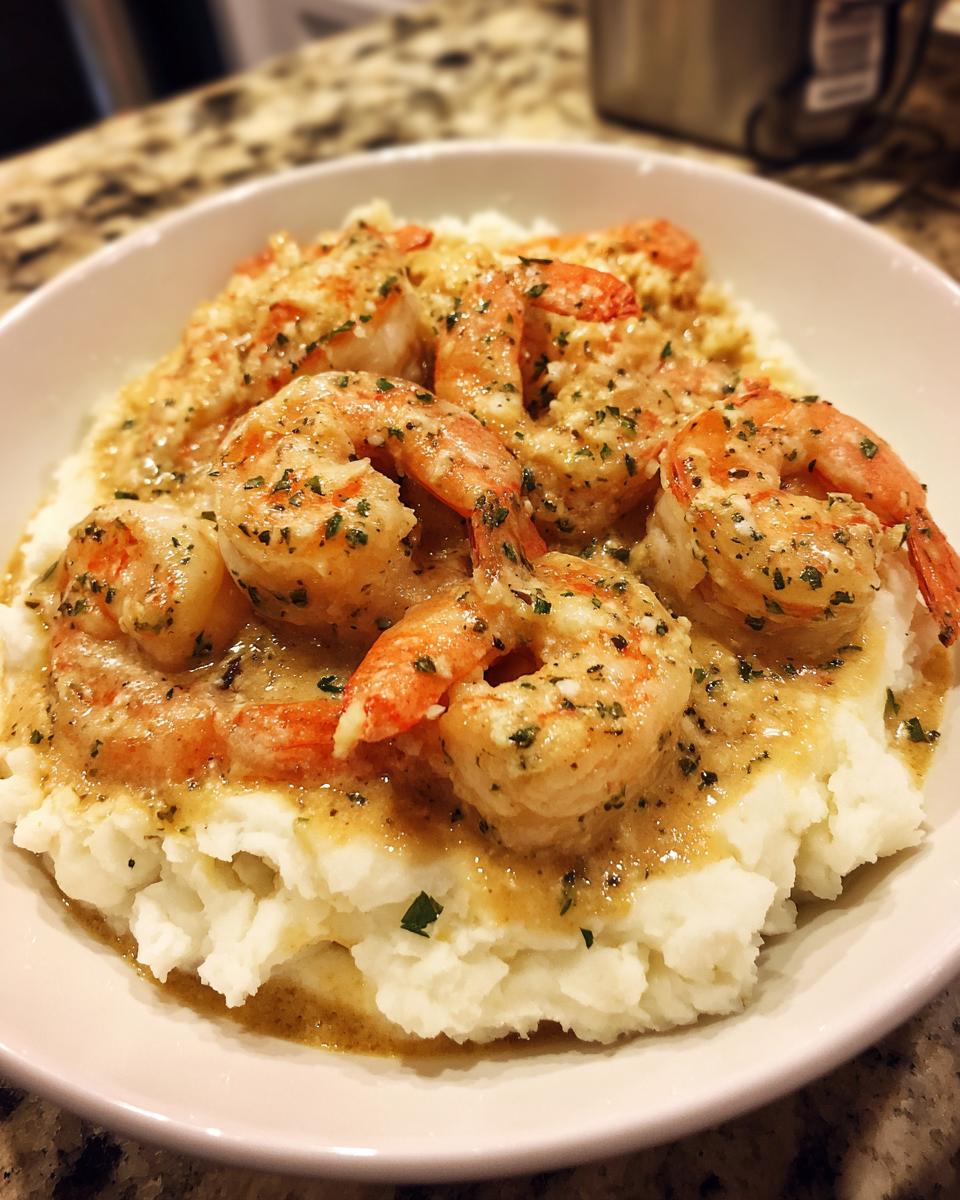 A close-up of creamy garlic shrimp served over fluffy mashed potatoes, garnished with parsley.