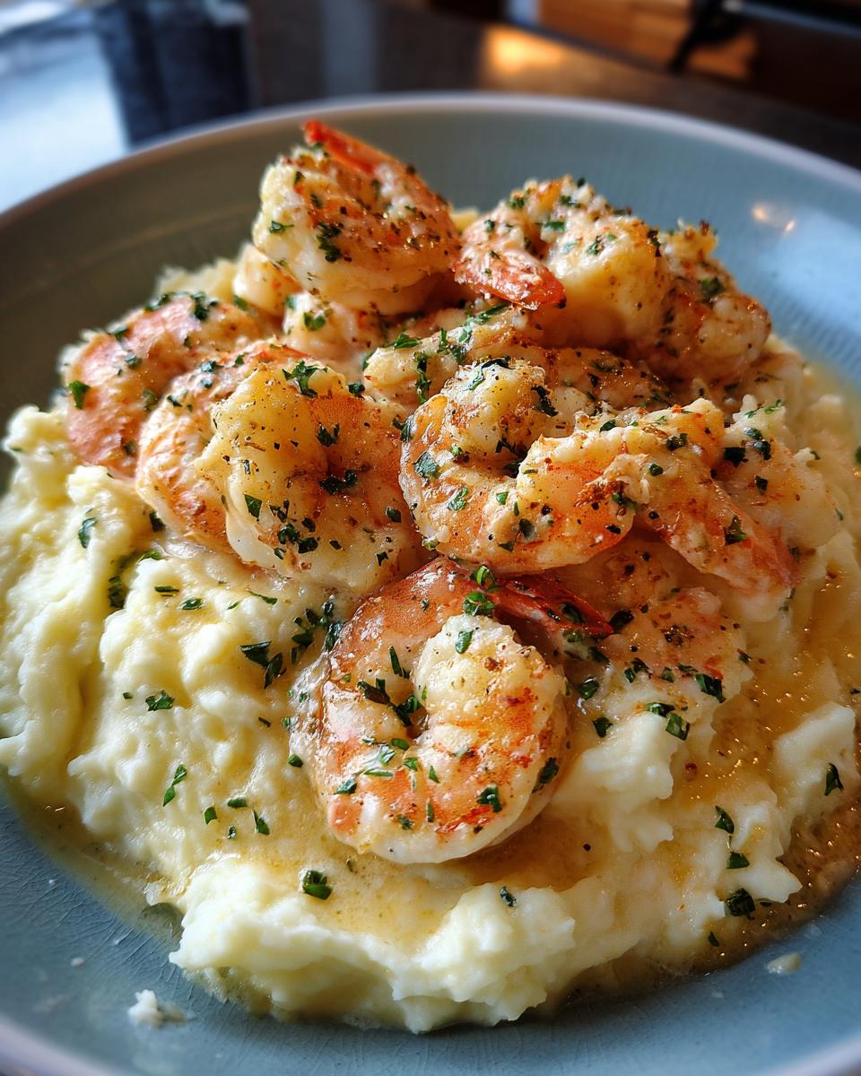 Close-up of succulent creamy garlic shrimp served over fluffy mashed potatoes, garnished with parsley.